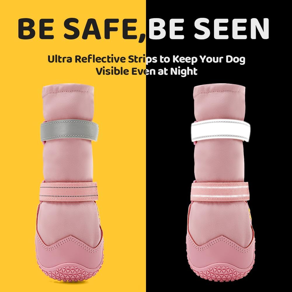 Hcpet Dog Shoes, Dog Boots & Paw Protectors for Winter Snowy Days, Rainy Weather, Outdoor Anti-Slip Sole Dog Booties for Hardwood Floor Pink-Leg 7