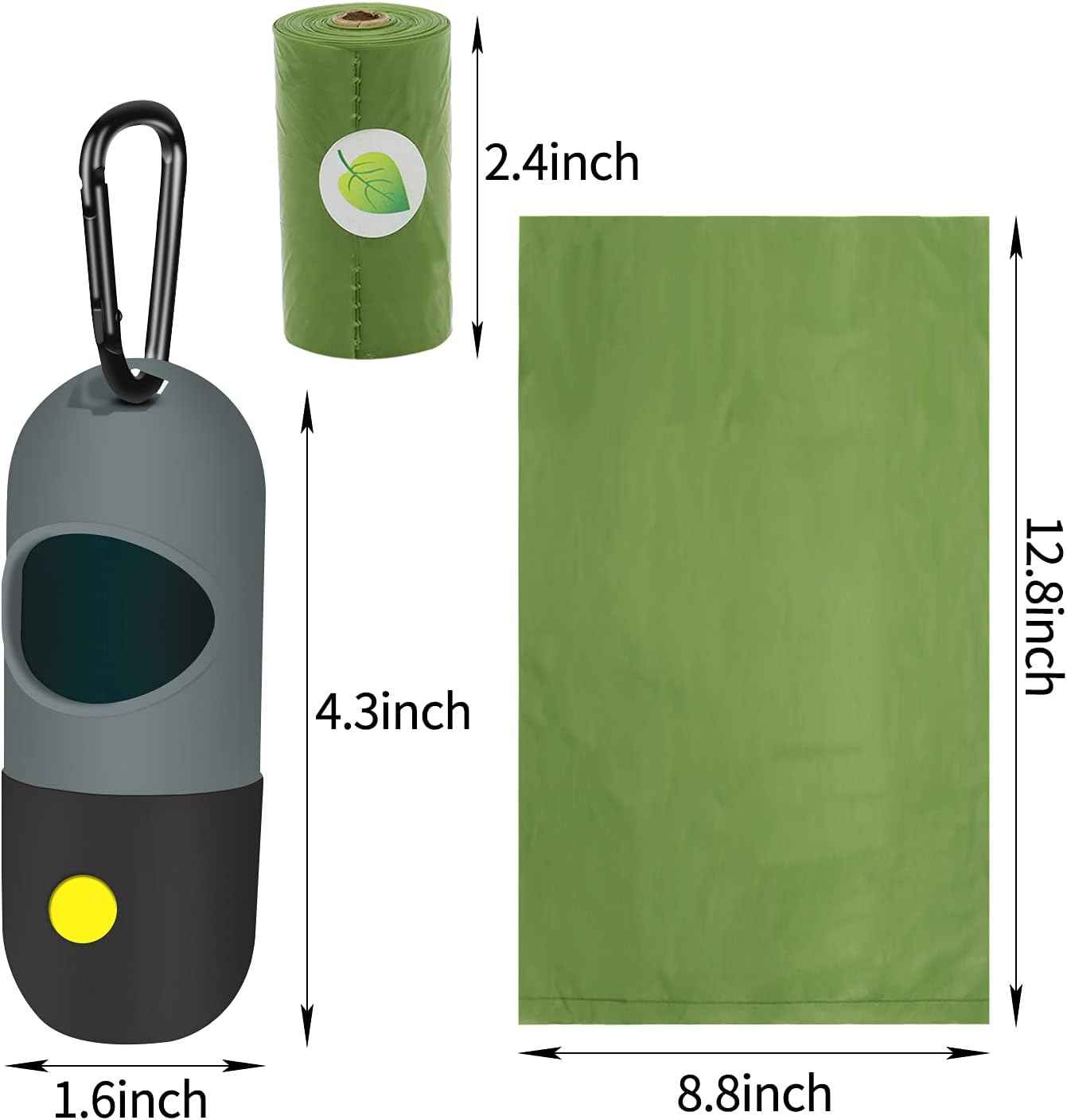 2 Pack Dog Poop Bag Dispenser with Built-in LED Flashlight, Pet Waste Bag Holder for Leash with Carabiner Clip for Lead Leash, 2 Rolls Leak-proof Doggy Waste Bags for Dog Walking, Grey