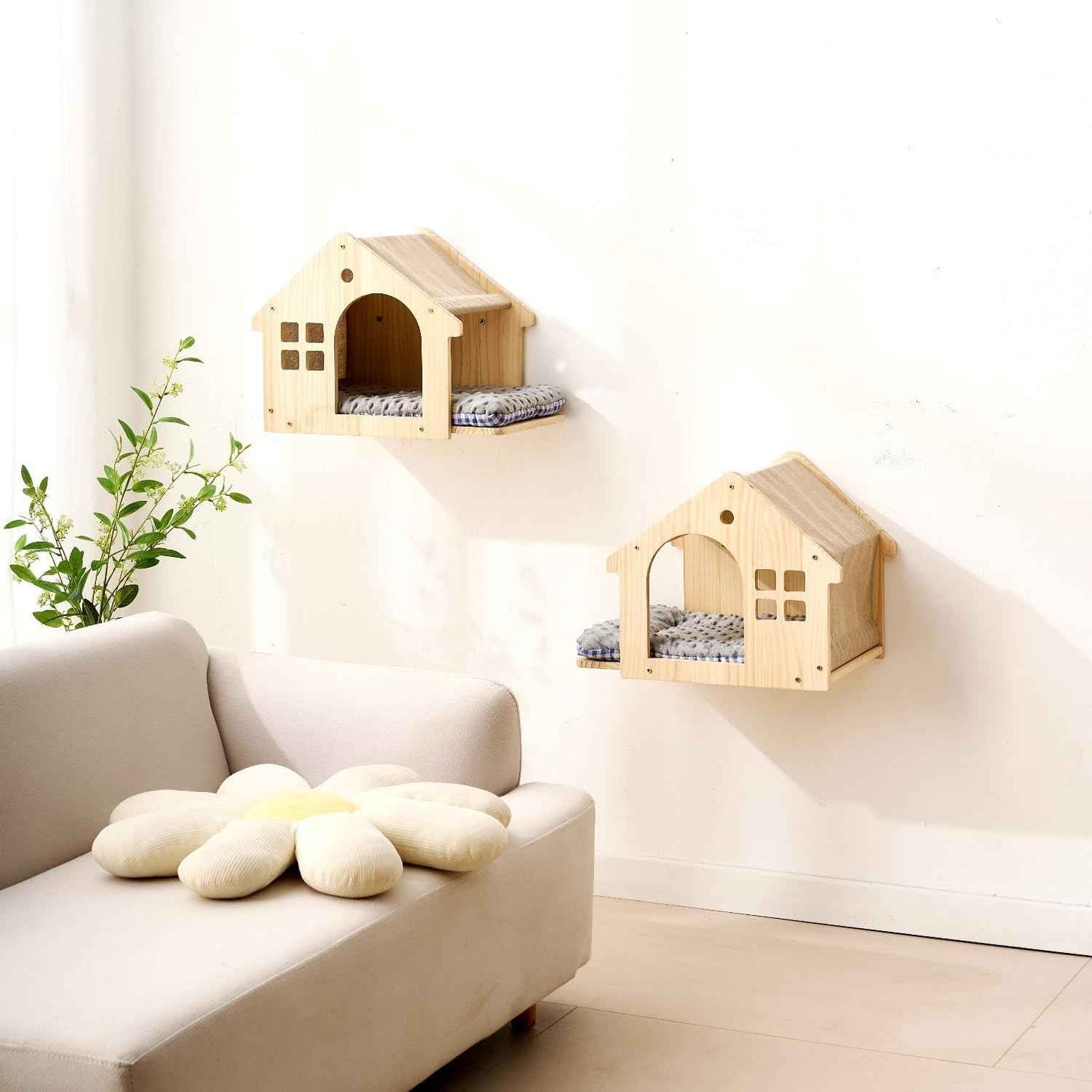 SHENGOCASE Wall Mounted Cat Furniture Set, Natural Wood, 47.2 inch Balcony Perch with Guardrail, 4 Steps, 2 Houses with Cushions