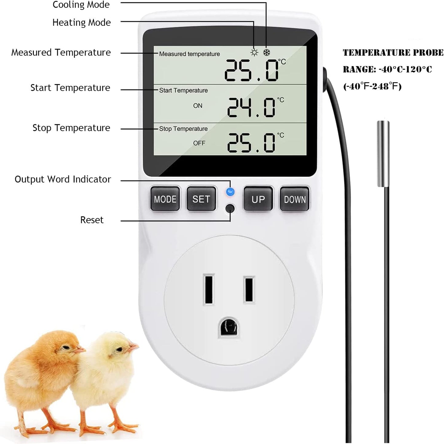 KABASI Digital Temperature Controller, LCD Screen Heating Cooling Reptile Thermostat with Sensor Probe for Snake, Lizard, Incubator, Brewing, Incubator, Greenhouse, Terrarium ℉/℃ 15A 1800W 120V