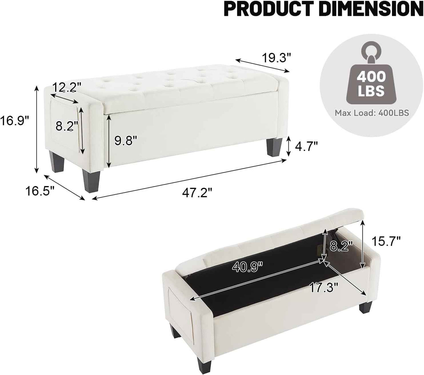 Velvet Storage Ottoman Bench for Bedroom, End of Bed Bench with Button, Side Storage Pockets, Organizer Storage Chest, Upholstered Foot Rest, Load up to 400 lb, for Living Room, Entryway, Beige