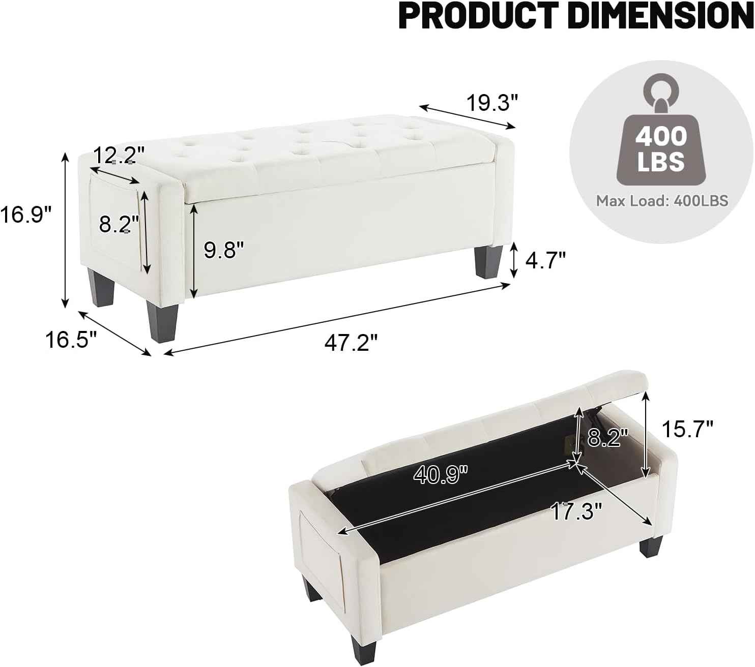 Velvet Storage Ottoman Bench for Bedroom, End of Bed Bench with Button, Side Storage Pockets, Organizer Storage Chest, Upholstered Foot Rest, Load up to 400 lb, for Living Room, Entryway, Beige