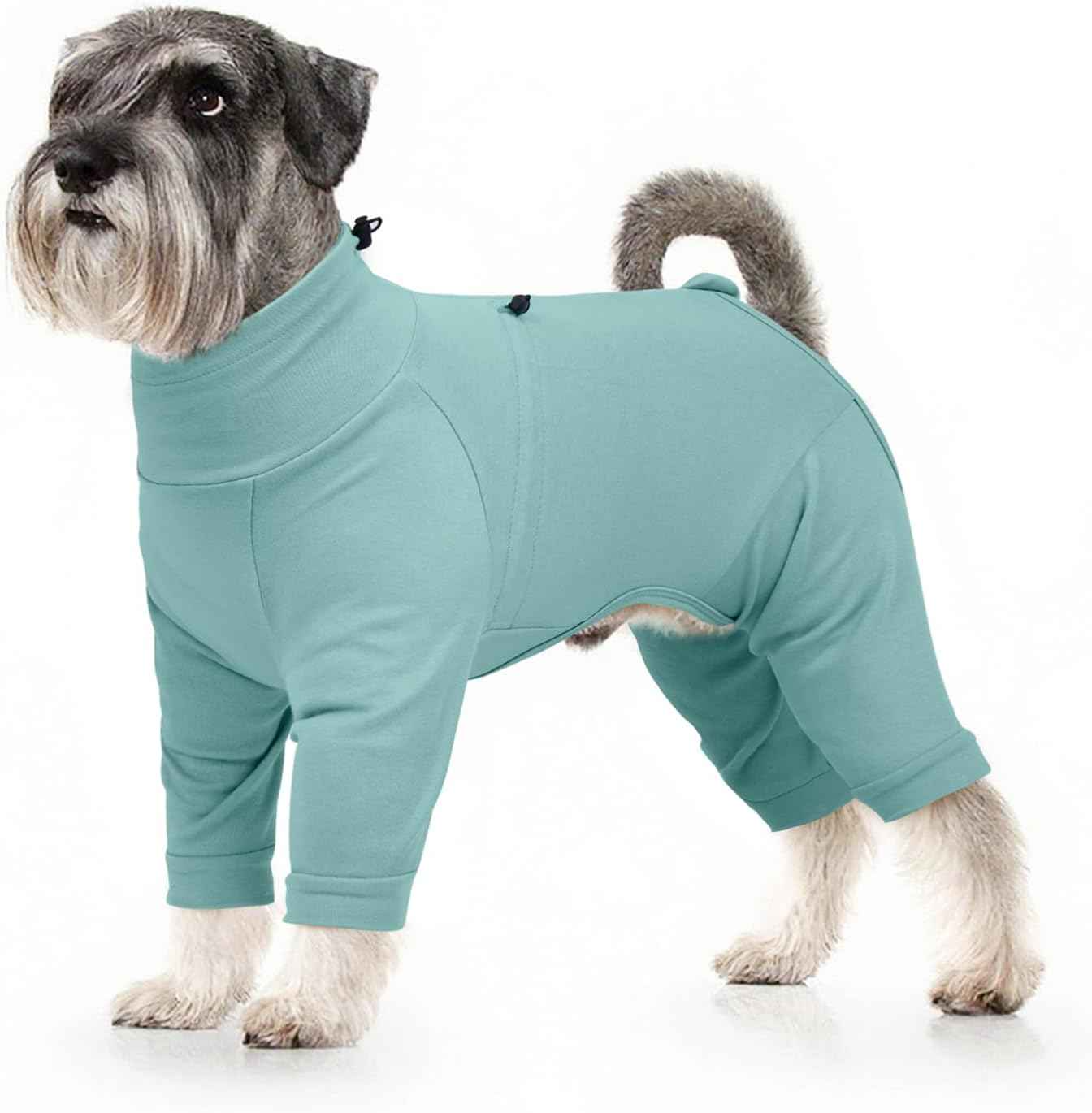 Dog Recovery Suit, Long Sleeve Dogs Pjs for Small Dogs, Easy On/Off Dog Onesies with Back Zipper, Adjustable Anti-Licking Wound Shedding Suits for Pets, Schnauzer, Dachshund, Green S