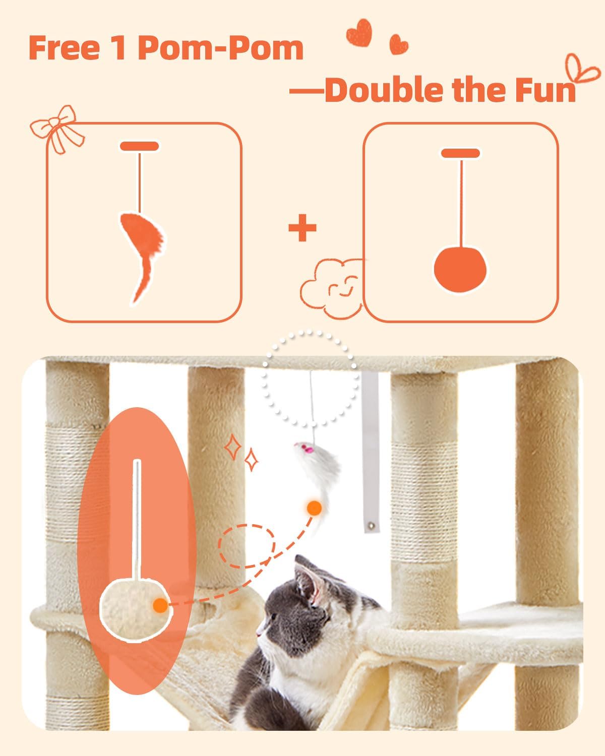Taoqimiao Cat Tree, 66.2-Inch Cat Tower for Indoor Cats, Plush Multi-Level Cat Condo with 7 Scratching Posts, 2 Perches, 2 Caves, Hammock, 2 Pompoms, Beige MS013M