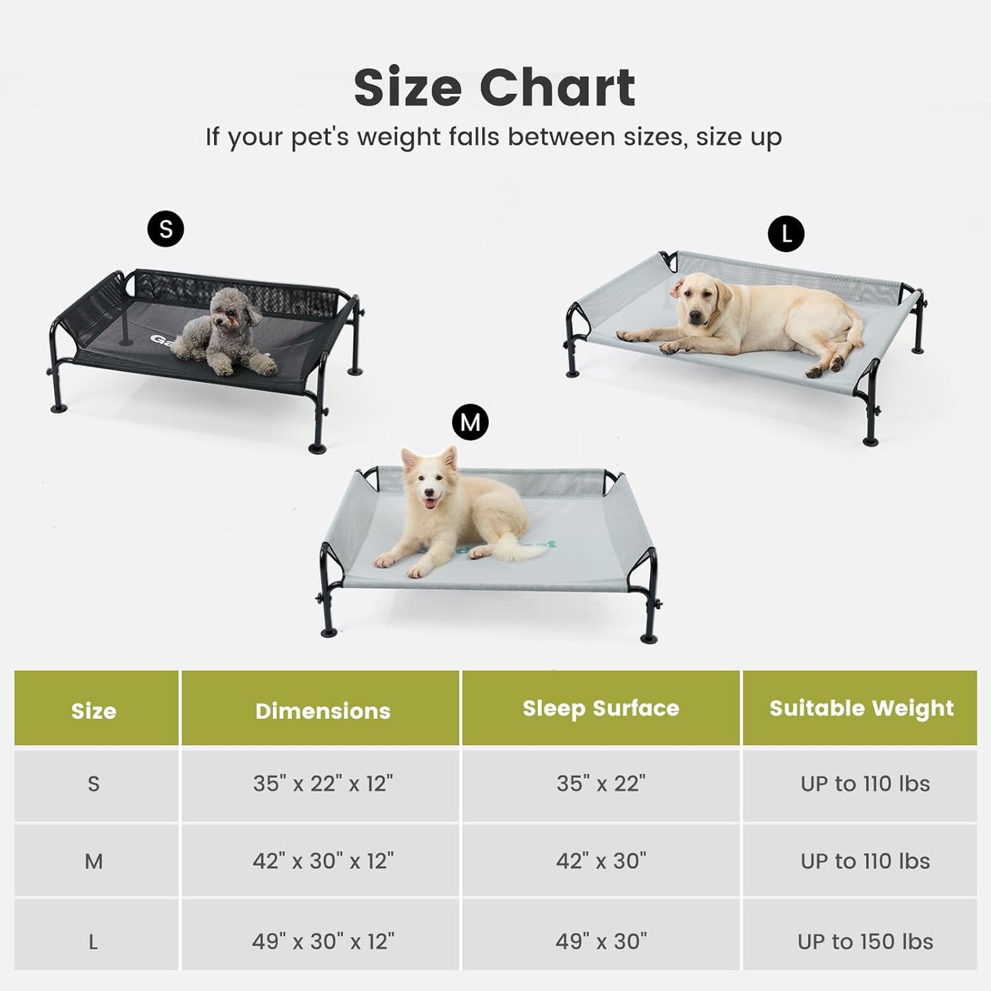 Gardner Pet Elevated Dog Bed Large Sized Dog, Outdoor Raised Bed Waterproof Portable Cooling Cot Pet Hammock Bed with 3-Sided Guardrail, Breathable Mesh, Grey, 49 Inches