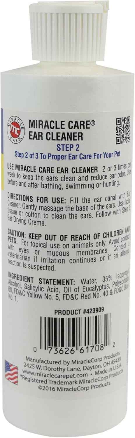 Miracle Care Ear Cleaner for Dogs and Cats, 8 Ounce, Reduces Ear Odor and Waxy Build Up, Gentle and Non Staining