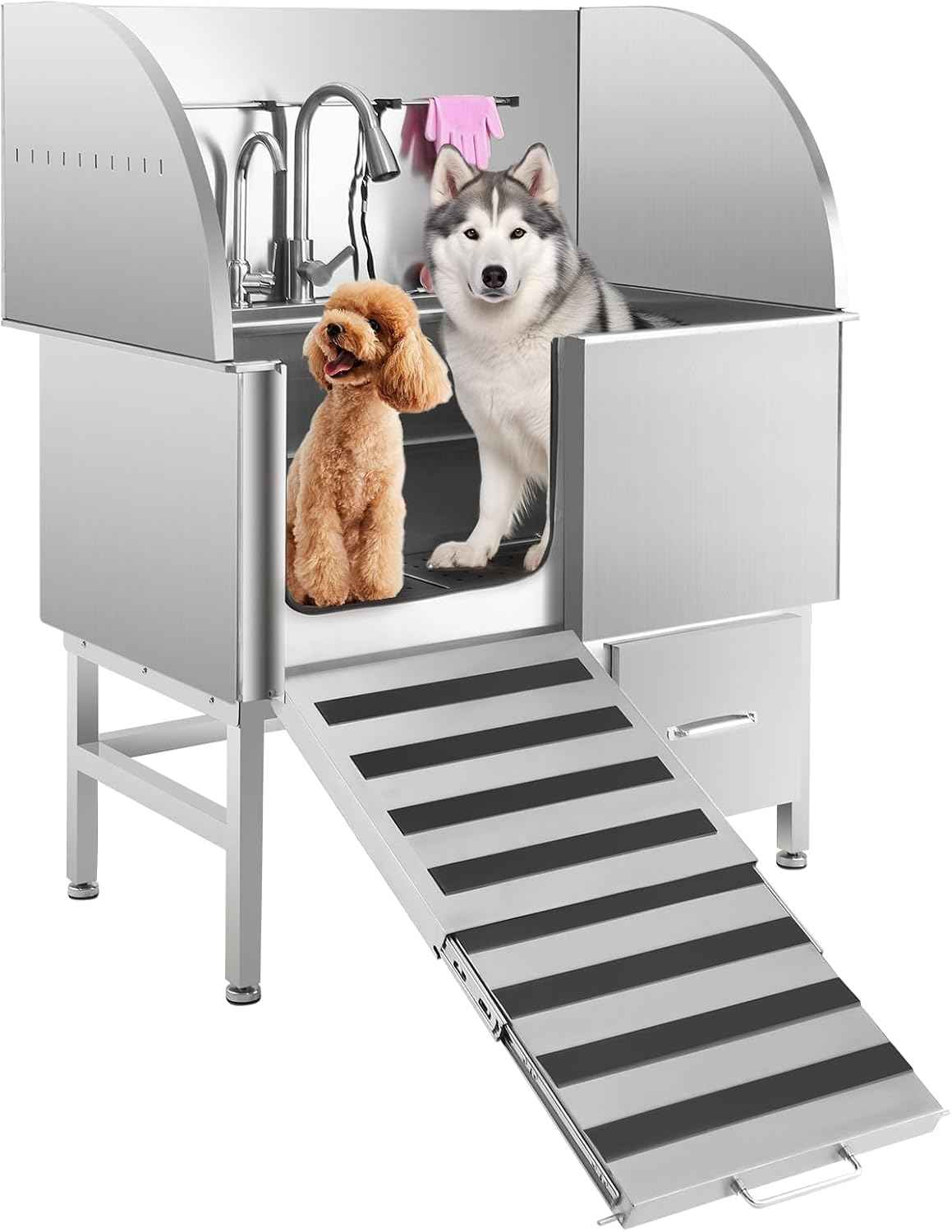 Professional Dog Washing Station,60" Stainless Steel Pet Grooming Tub w/Sliding Door, Non-Slip Steps,Faucet & Showerhead & Soap Holder Bathtub,for Medium & Small Dogs, Supports 250Lbs