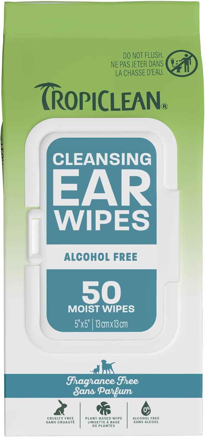 TropiClean Dog Ear Wipes, Dog Ear Cleaner, Soothing Itch Relief, Gently Removes Wax and Debris, Odor Eliminating, Safe for Daily Use, Cat Safe, 50ct.