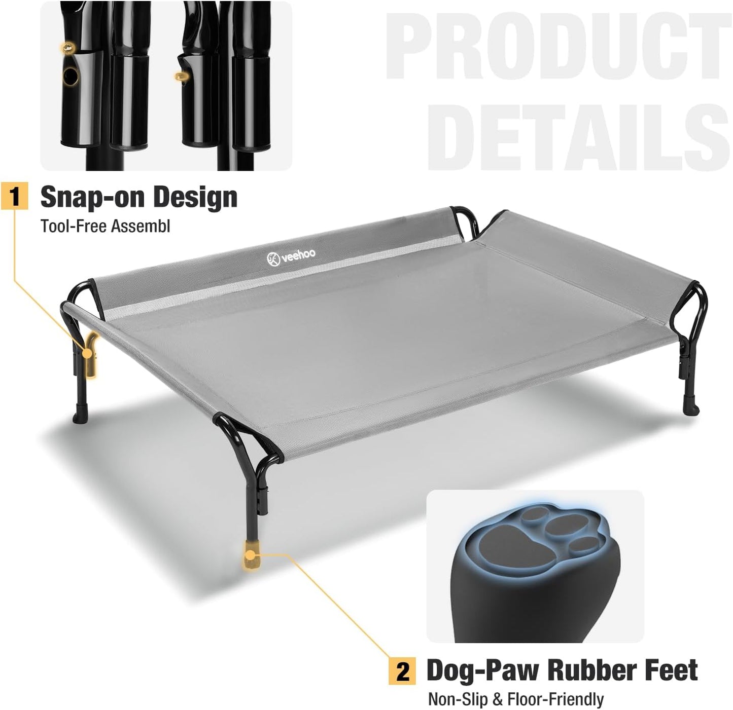 Veehoo Cooling Elevated Dog Bed, Raised Pet Cot with Guardrail & Slope Headrest, Durable Breathable Teslin Mesh, Non-Slip Feet, Washable Dog Couch Bed for Indoor & Outdoor, Medium 39.5" x 28", Gray