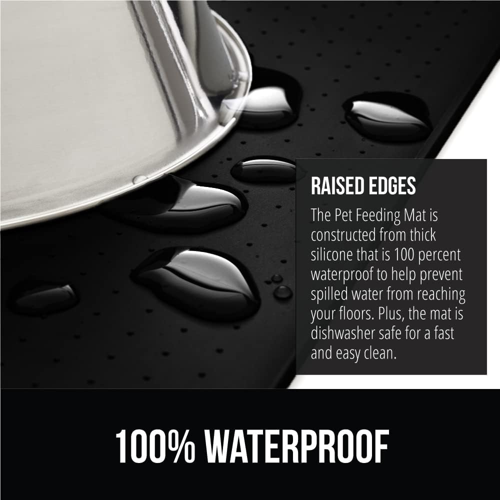 GORILLA GRIP 100% Waterproof Raised Edge BPA Free Silicone Pet Feeding Mat, Dog Cat Food Mats Contain Spills Protects Floors, Placemats for Cats and Dogs Water Bowl, Pets Accessories 23x15 Black