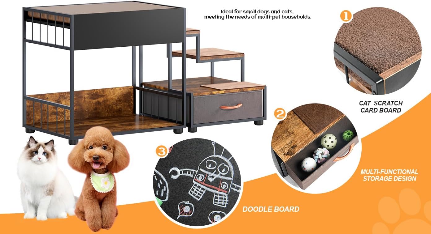 Pet Step Window Perch, Dog Bed w/ Steps for Dogs, Elevated Multi-Level Platform, Bunk Bed, Non-Slip Pad & Storage, Vintage