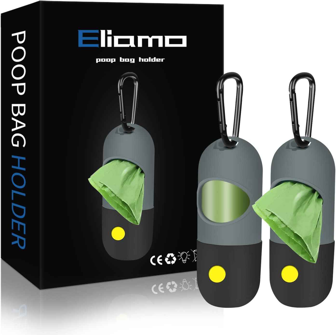 2 Pack Dog Poop Bag Dispenser with Built-in LED Flashlight, Pet Waste Bag Holder for Leash with Carabiner Clip for Lead Leash, 2 Rolls Leak-proof Doggy Waste Bags for Dog Walking, Grey