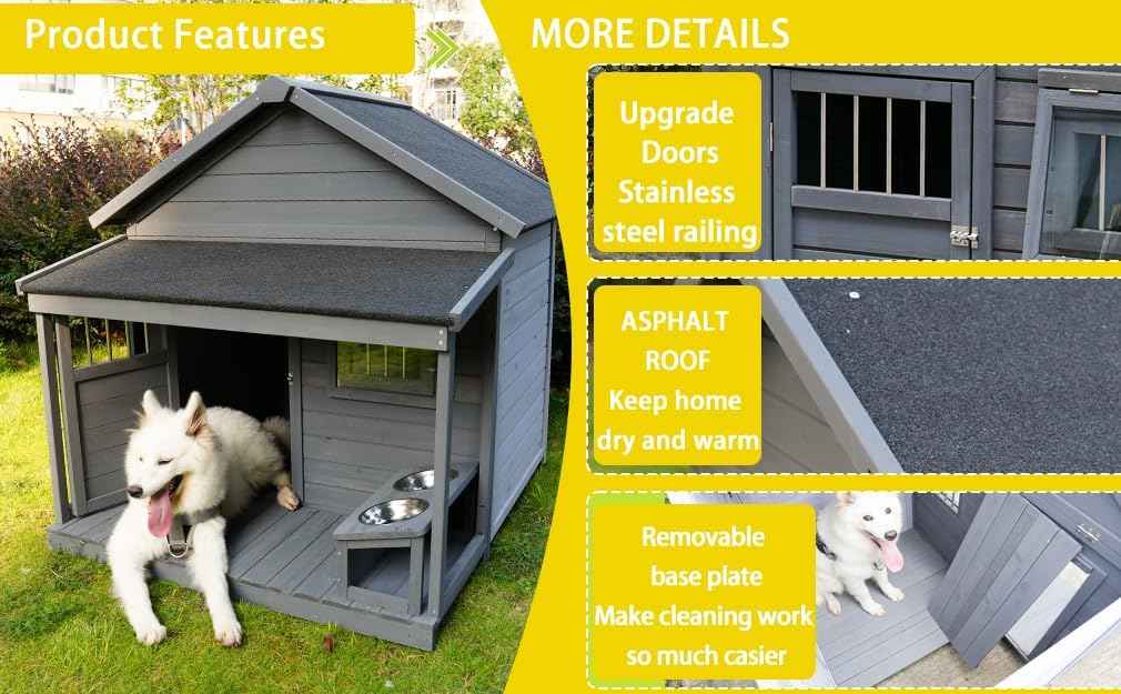 Large Outdoor Dog House, 44.2 x 44.6 x 44.6 inches, Weatherproof Wood Construction with Asphalt Roof, Covered Terrace, Gray(00004)