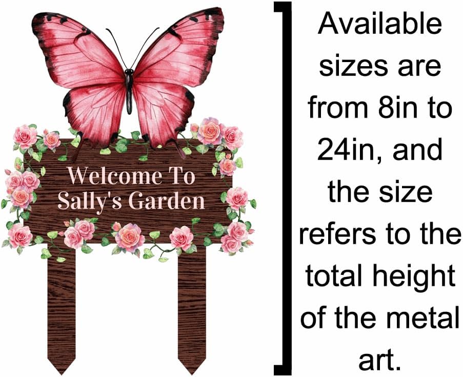 Personalized Butterfly Metal Garden Sign with Stakes, Custom Pink Rose Flowers Garden Stake Yard Signs for Gardener Mom Nana Outdoor Decor Lawn Art