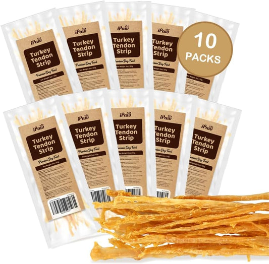 iPaw Turkey Tendons for Dogs, 100% Turkey and US Sourced Raw Material, Hypoallergenic, All Natural Human Grade Puppy Chew, Rawhide Alternative Dog Treats, 10 Unit/Packs Strip
