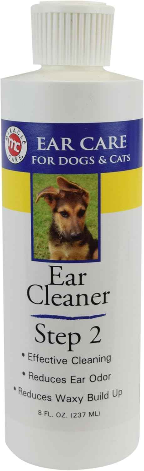 Miracle Care Ear Cleaner for Dogs and Cats, 8 Ounce, Reduces Ear Odor and Waxy Build Up, Gentle and Non Staining