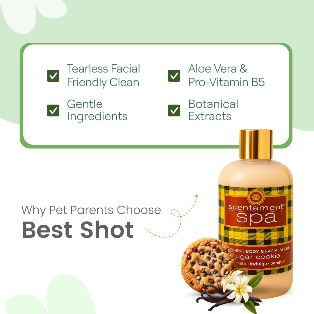 Best Shot Scentament Spa Refreshing Body & Facial Wash for Dogs & Cats, Waterless Dog Wash & Tear Stain Remover, Pet Gentle Face Wash for Sensitive Skin, Sugar Cookie Scent, 16 fl oz