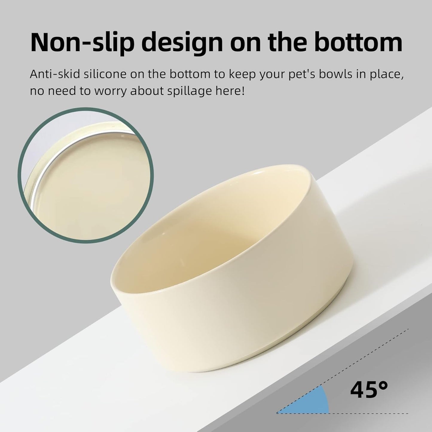 Ceramic 7.3inch Raised Dog Bowl Set, Elevated with Wooden Stand, Food and Water Bowl for Medium Breed Dogs, Weighted Dog Dishes, Pet Feeder(Beige)