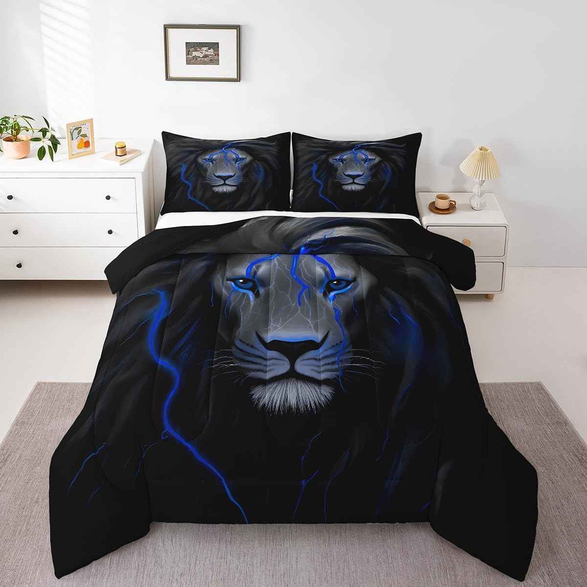 Erosebridal Boys Lion Bedding Set Full Black Blue Lightning Lion Comforter Set for Kids Teen Men Room Decor,Retro Safari Wildlfie Down Comforter African Wild Animal Quilt Duvet 3 Pcs