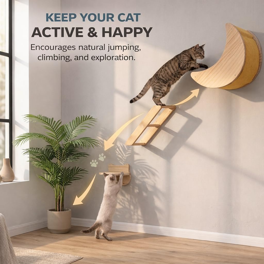 Cat Wall Shelves Set – Solid Wood Cat Wall Furniture with Moon Bed & Ladder, Wall Mounted Climbing Shelves for Indoor Cats, Space Saving Cat Gym Wall System (3pcs/Set)