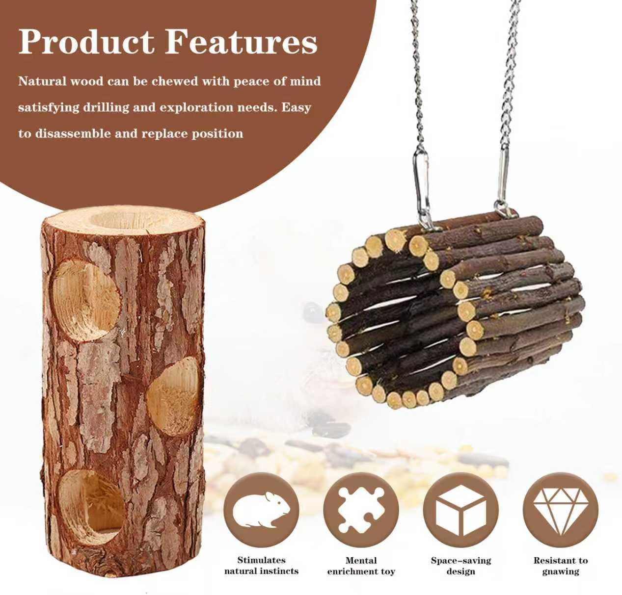 Natural Wooden Hamster Tunnels & Hideouts – Chew-Safe Birch Trunk Tubes for Dwarf Hamsters, Gerbils, Mice – Cage Accessories, Exercise Toy, Forest-Themed Small Pet Habitat (4pcs)