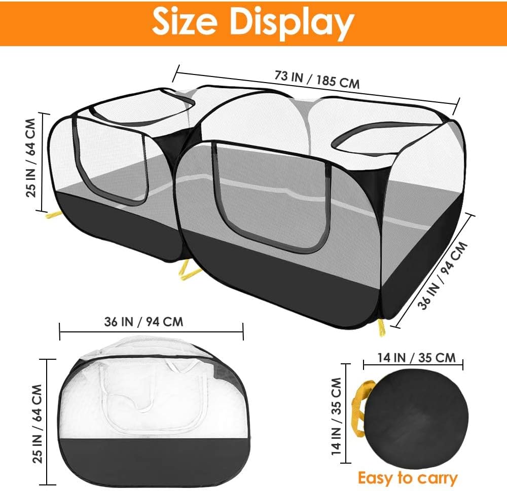 Lukovee Small Animals Playpen, Chicken Pen with Escape-Proof Detachable Bottom & 4 Zipper Doors, Breathable Foldable Portable Large Chicken Run Coop for Puppy Duck Kitten Rabbits Outdoor Yard (Black)