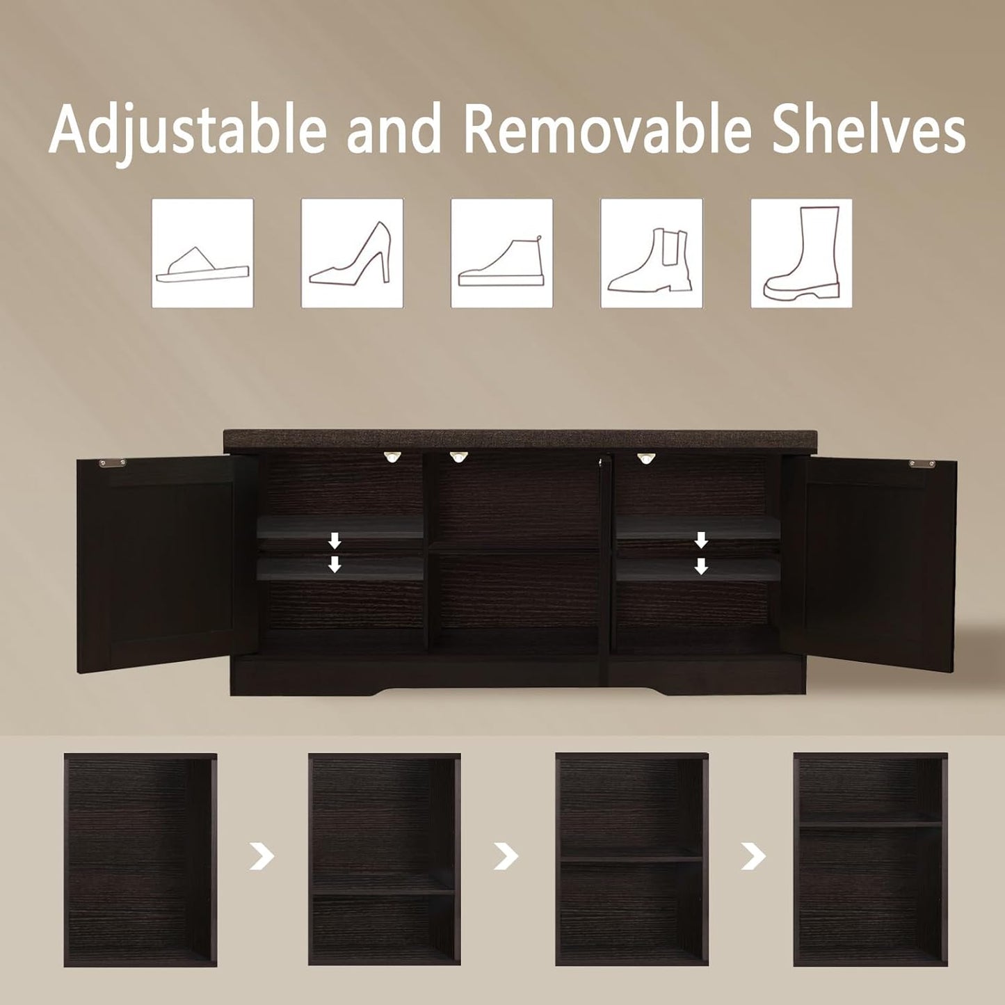 DINZI LVJ Shoe Bench, Entryway Storage Bench with Doors, Cushion, 2-Tier Shoe Rack with 6-Cubby, 39.4”L x 13.8”W Shoe Organizer Cabinet, Adjustable Shelf, Living Room, Bedroom, Espresso with Rattan