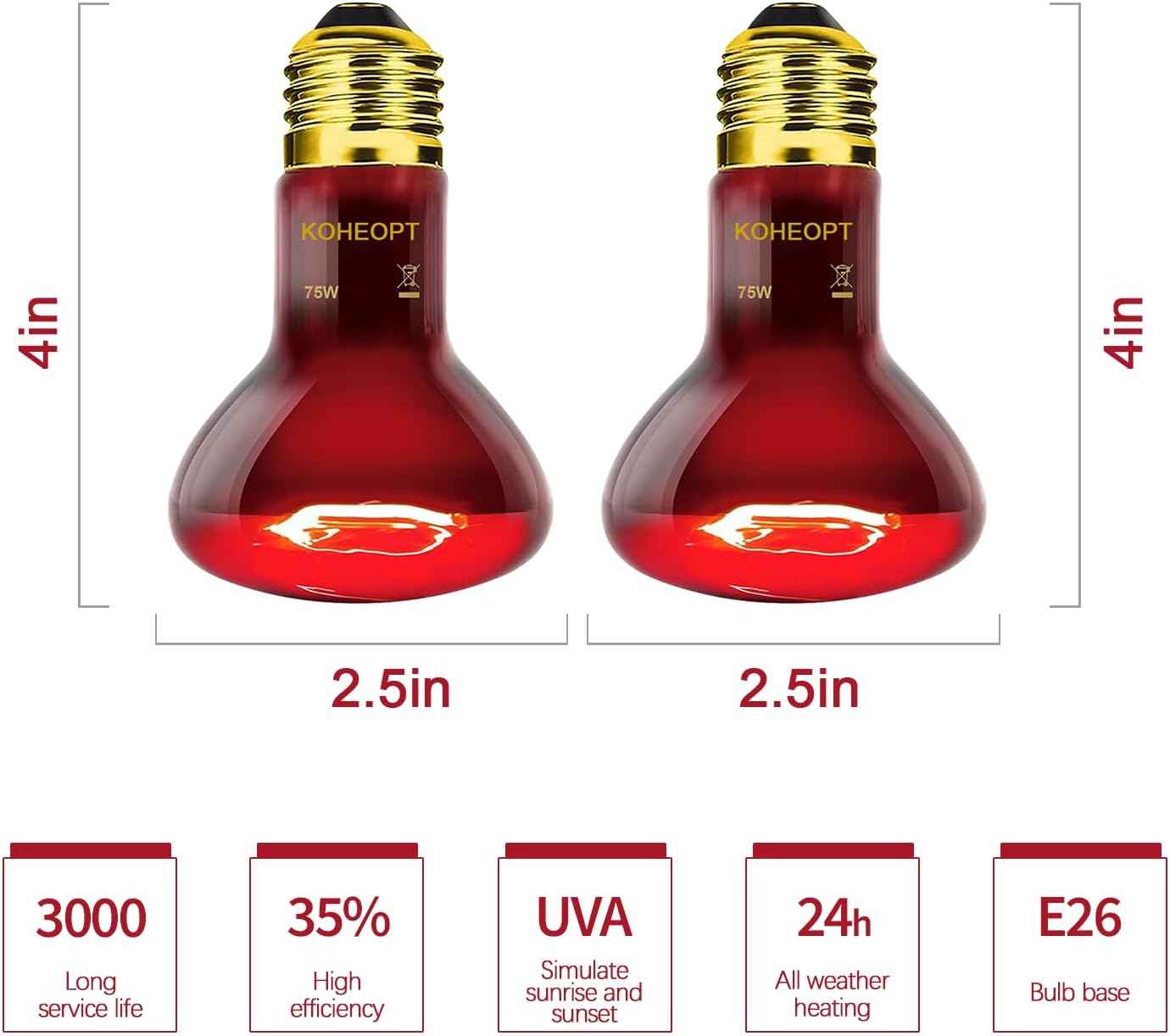 2-Pack 75W Reptile Heat Lamp Bulb, Infrared Heat Emitter Red Heat Lamp for Reptile Amphibian, Infrared Basking Spot Light Bulb,Red Heat Lamp for Chickens、Lizards、Snakes、Turtles