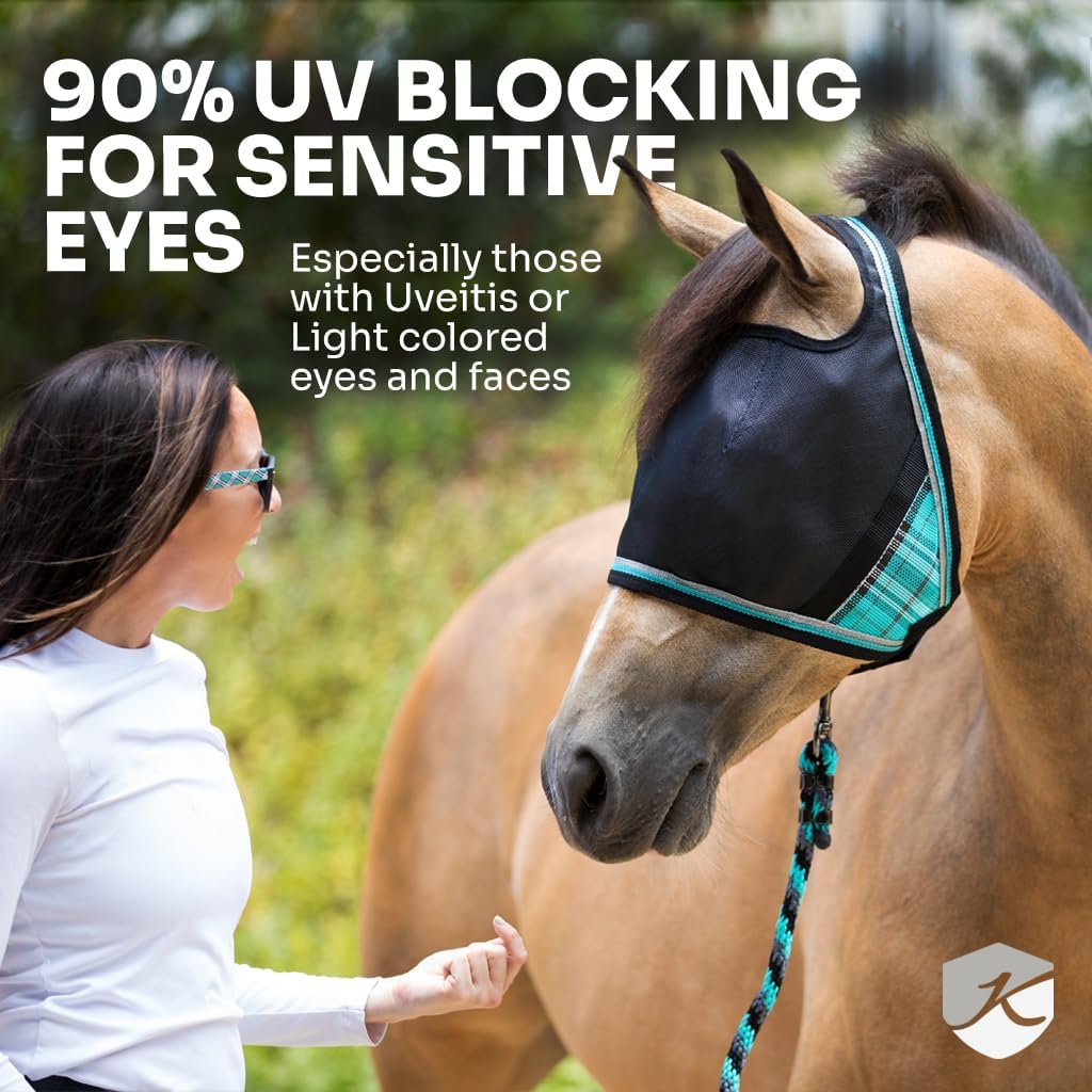 Kensington 90% UV Fly Mask Halter CatchMask UViator - Without Ears & Forelock Freedom Web Trim *Roomy Fit*- Medium, Imperial Jade