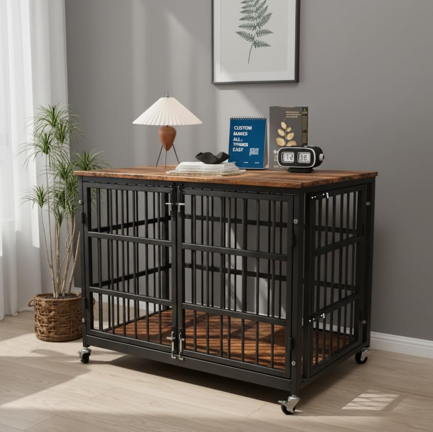 Boldbone 42 inch Dog Crate Furniture, Heavy Duty Dog Kennel Indoor for Large Dogs, Escape-Proof and Chew-Proof Wooden Dog Cage for high Anxiety Dog, Decorate House as TV Stand, End Table