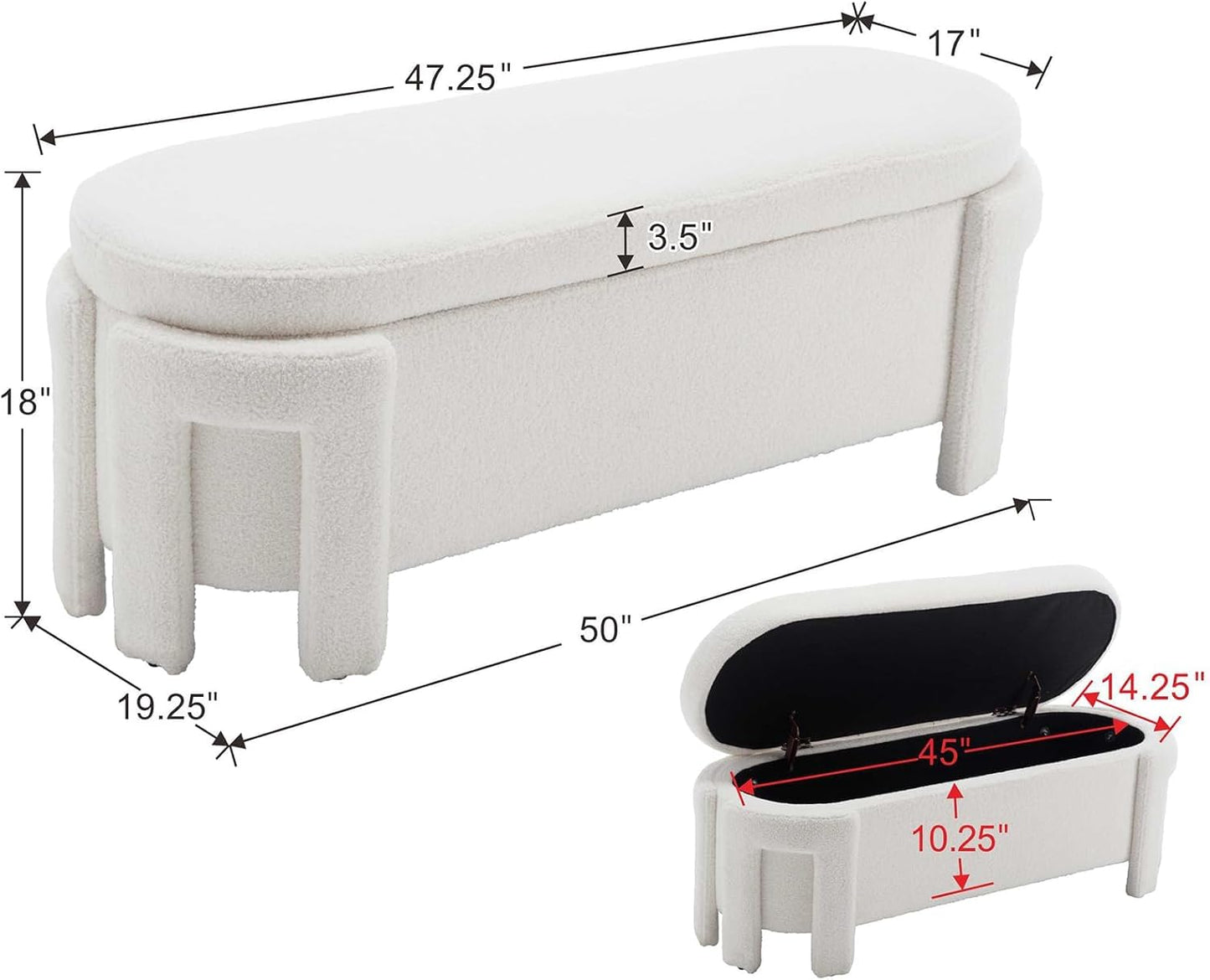 Modern Upholstered Storage Bench, Boucle Sherpa Fabric 50" Long Entryway Bench with Storage and Seating, Comfy Cute Ottoman Bench for Living Room/End of Bed/Hallway, White