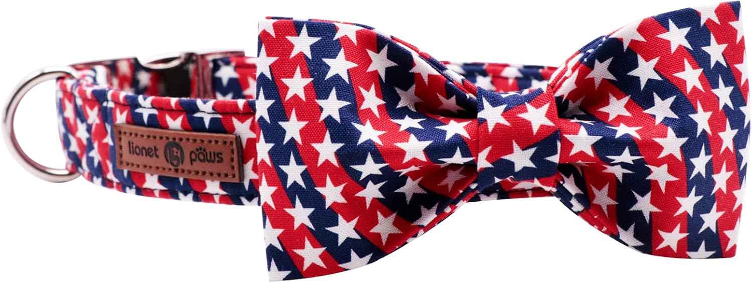 Lionet Paws Patriotic Dog Collar with Bowtie, 4th of July, Soft and Comfortable, Adjustable Collar for Medium Dogs, Neck 13.5-22 inches