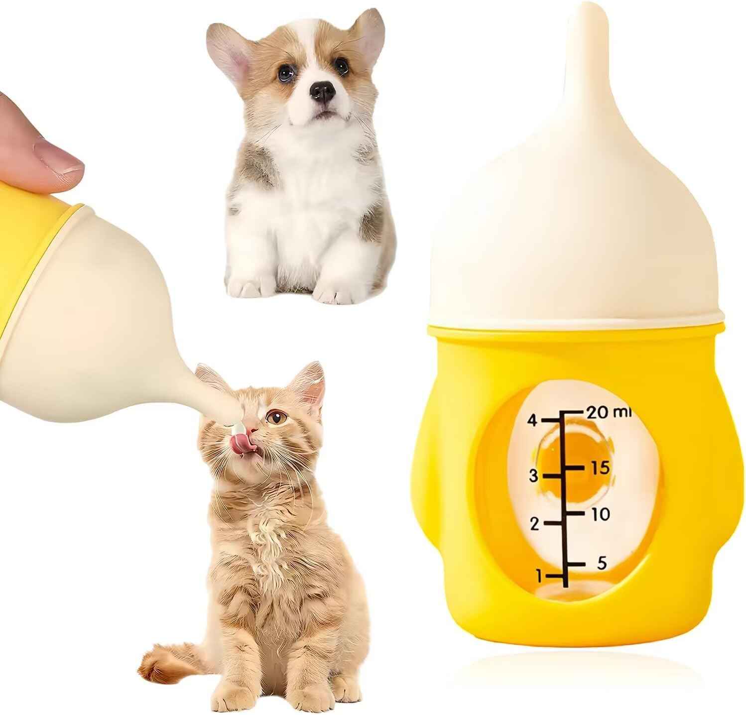 Pet Nursing Bottle, Yellow Animal Feeding Bottles with Soft Silicone Nipple, Anti-Choking Design, Slow Flow Kitten Bottle Feeding kit for Puppies, Kittens and Small Animals (20 ml)