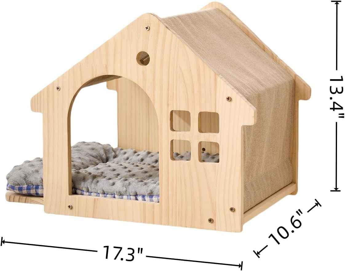 SHENGOCASE Wall Mounted Cat Furniture Set, Natural Wood, 47.2 inch Balcony Perch with Guardrail, 4 Steps, 2 Houses with Cushions