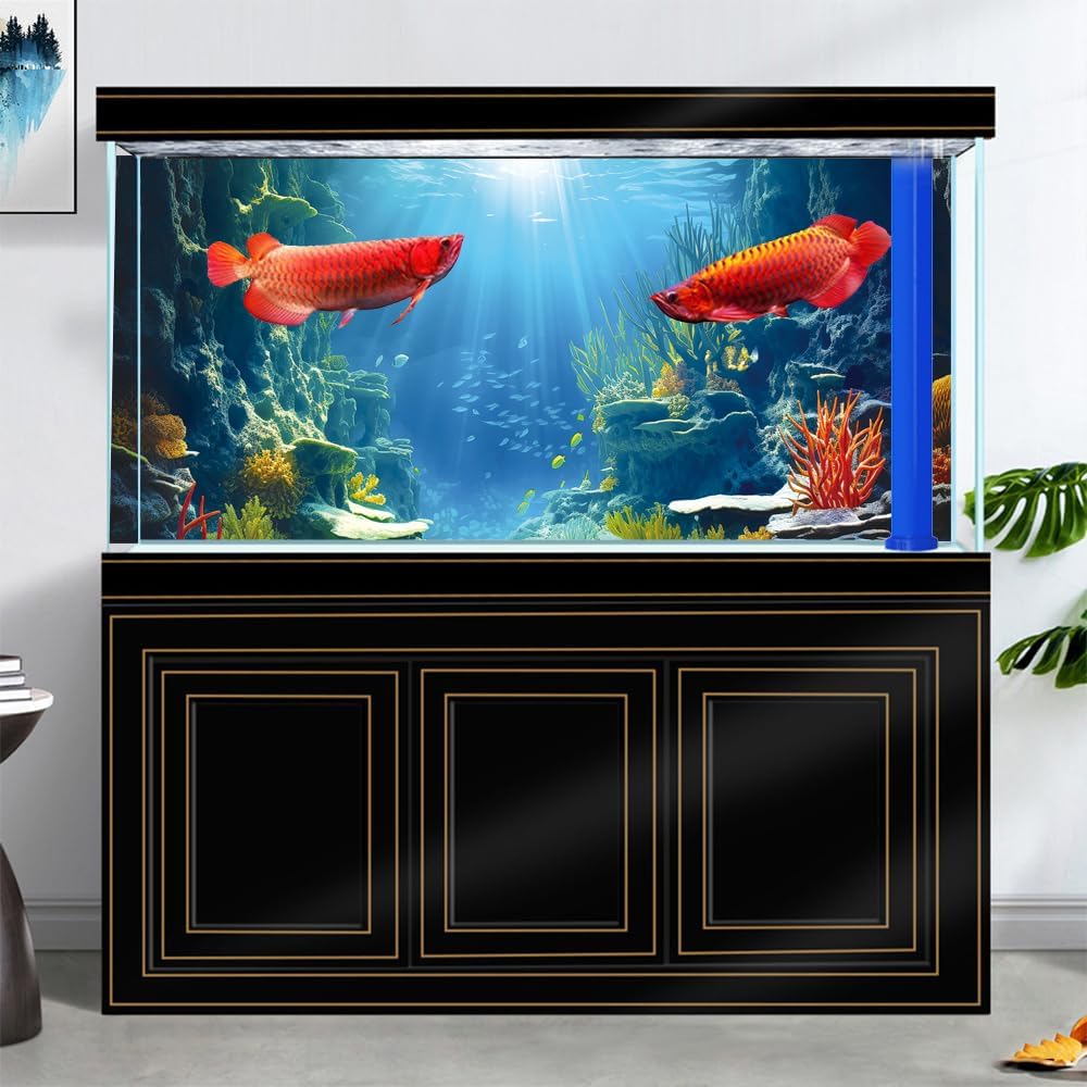 24X16IN Blue Sea Floor Aquarium Background, Natural Underwater World 3D Effect Fish Tank Decorations Background, Art Terrarium Background with 8 EVA Double-Sided Tape