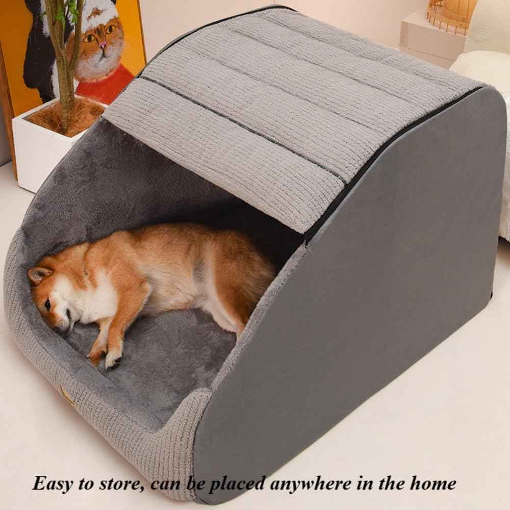 Soft Plush Covered Dog Cave Bed - Large Size for Indoor Use, with Fluffy Washable Cushion, Portable Pet Tent House Suitable for Dogs & Cats(Gray,23.62''X15.75''X17.72'')