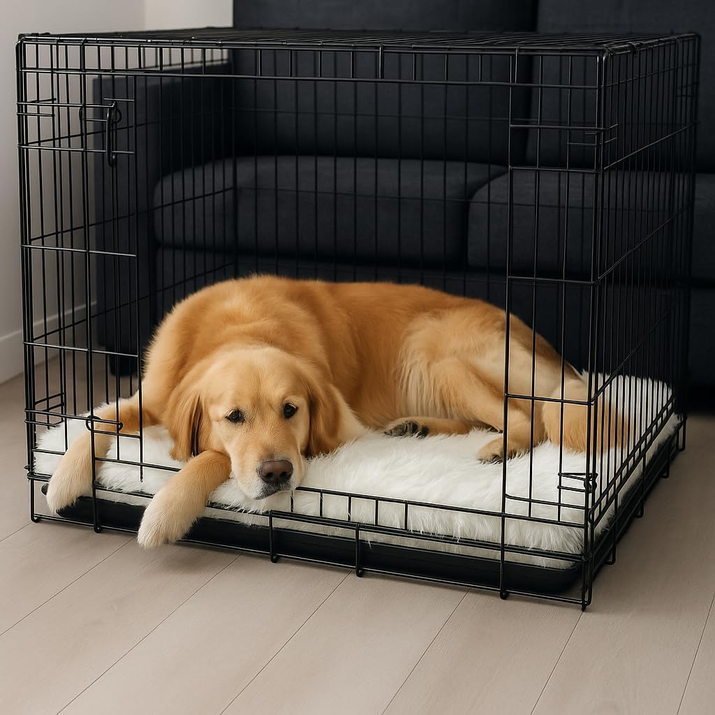 IHAPPYDOG Luxury Faux Fur Orthopedic Dog Beds, Memory Foam Crate Bed for Small, Medium, Large and XL Pets, Fluffy Pet Bed with Waterproof and Washable Cover, Fits Crates (White, 41"x27")