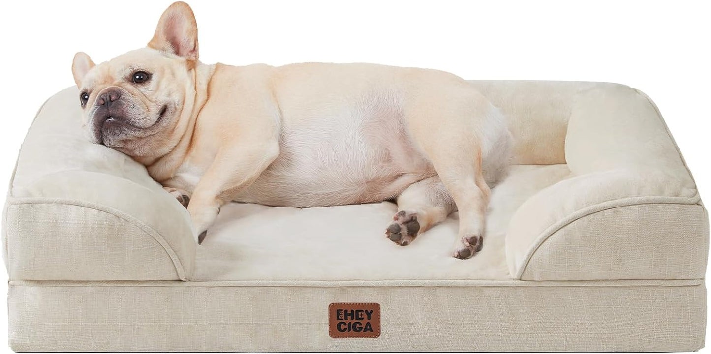 EHEYCIGA Orthopedic Dog Bed for Small Dogs, Waterproof Memory Foam Small Dog Beds with Sides, Non-Slip Bottom and Egg-Crate Foam Medium Pet Couch Bed with Washable Removable Cover, Beige