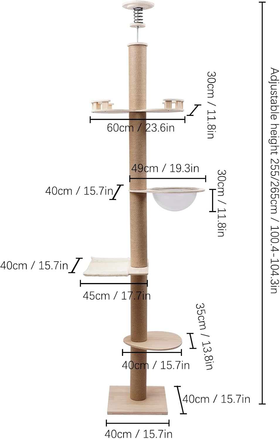 4 Tier Floor-to-Ceiling Cat Tree, Adjustable Height Cat Climbing Tower Set with Space Capsule, Hammock, Cats Scratching Post Climbing Shelves for Cats to Jump Scratch Sleep Play, 100.4-104.3inch H