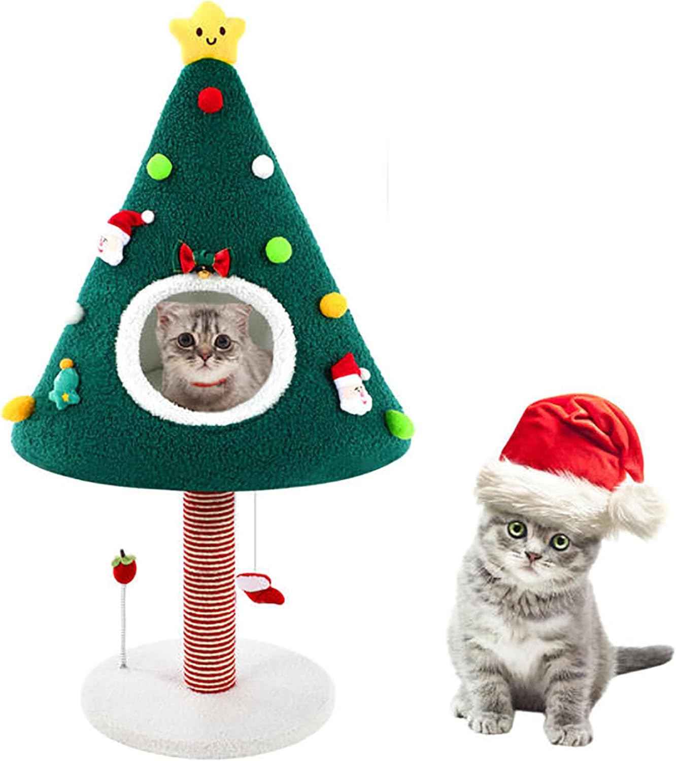 Dansydaisy 36.6 Inch Christmas Cat Tower with Cat Scratching Post and Green House Scratcher Tall Tree Tower Nature Sisal Christmas Tree Scratcher Activity Center Play Condo for Indoor