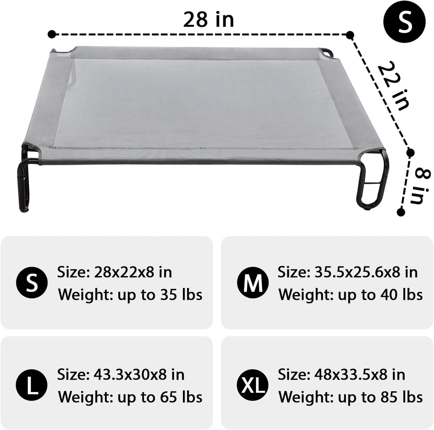 Pettycare Elevated Outdoor Dog Bed - Waterproof Cot for Small Dogs, Easy to Assemble, Cooling With Teslin Mesh, Durable, Non-Slip, Up to 35 lbs, Grey
