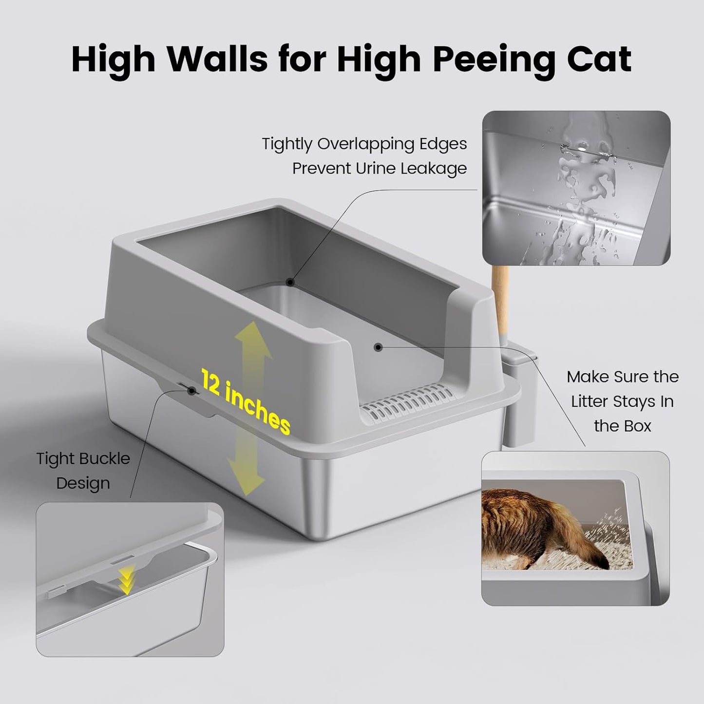 2 Pack Stainless Steel Cat Litter Box - Enclosed XL Metal Kitty Litter Box with Lid for Big Cats, High Sided, Anti-Leakage, Easy Cleaning, Non-Sticky, Included Cat Litter Spoon
