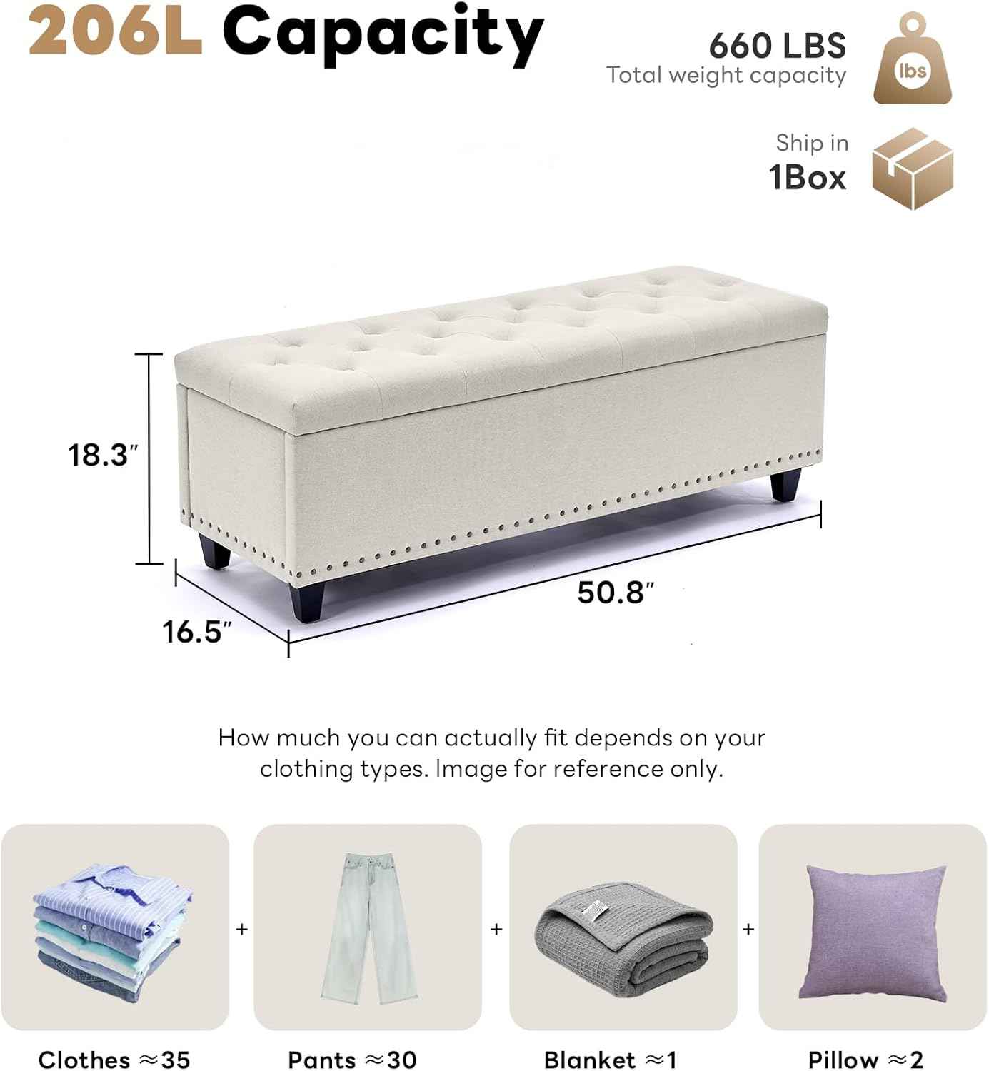 Tbfit Ottoman with Storage, 50.8" Upholstered Button Tufted End of Bed Bench with Safety Hinge & Rivets, Large Entryway Bench, Foot Rest Stool for Bedroom, Living Room (Beige)