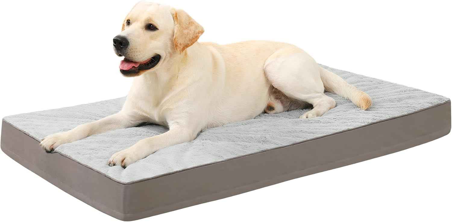 KSIIA Orthopedic Dog Bed Dog Crate Bed Waterproof for Large Dogs Deluxe Plush Washable Pet Mat with Egg Crate Foam & Removable Cover, 35 x 22 Inch, Gray