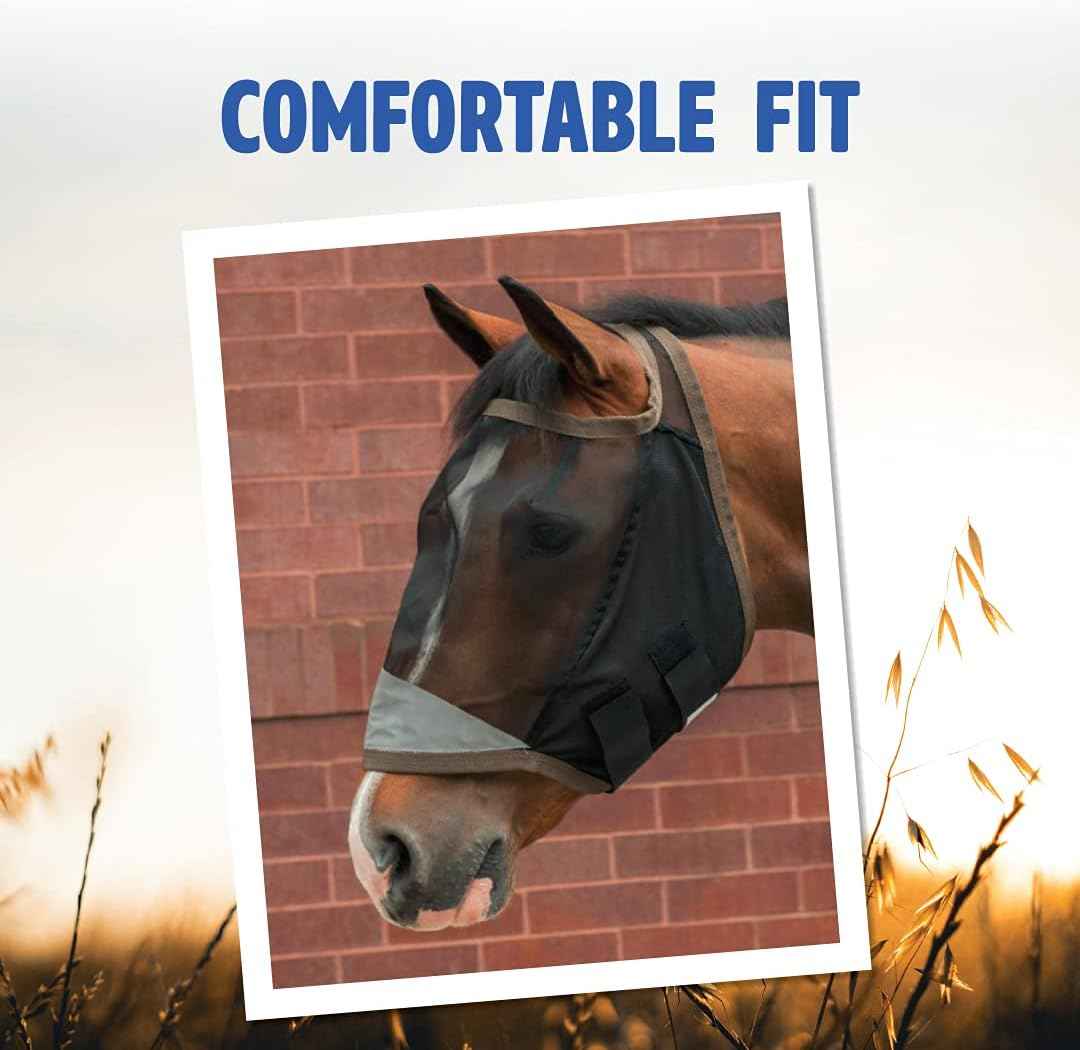 Opti-Force Horse Fly Mask - Insect Shield Repellent UV Protected Clear-View Mesh, Permethrin Treatment, Reflective Night Vis, Lightweight No-Ears Design, Standard Size, Adjustable Straps
