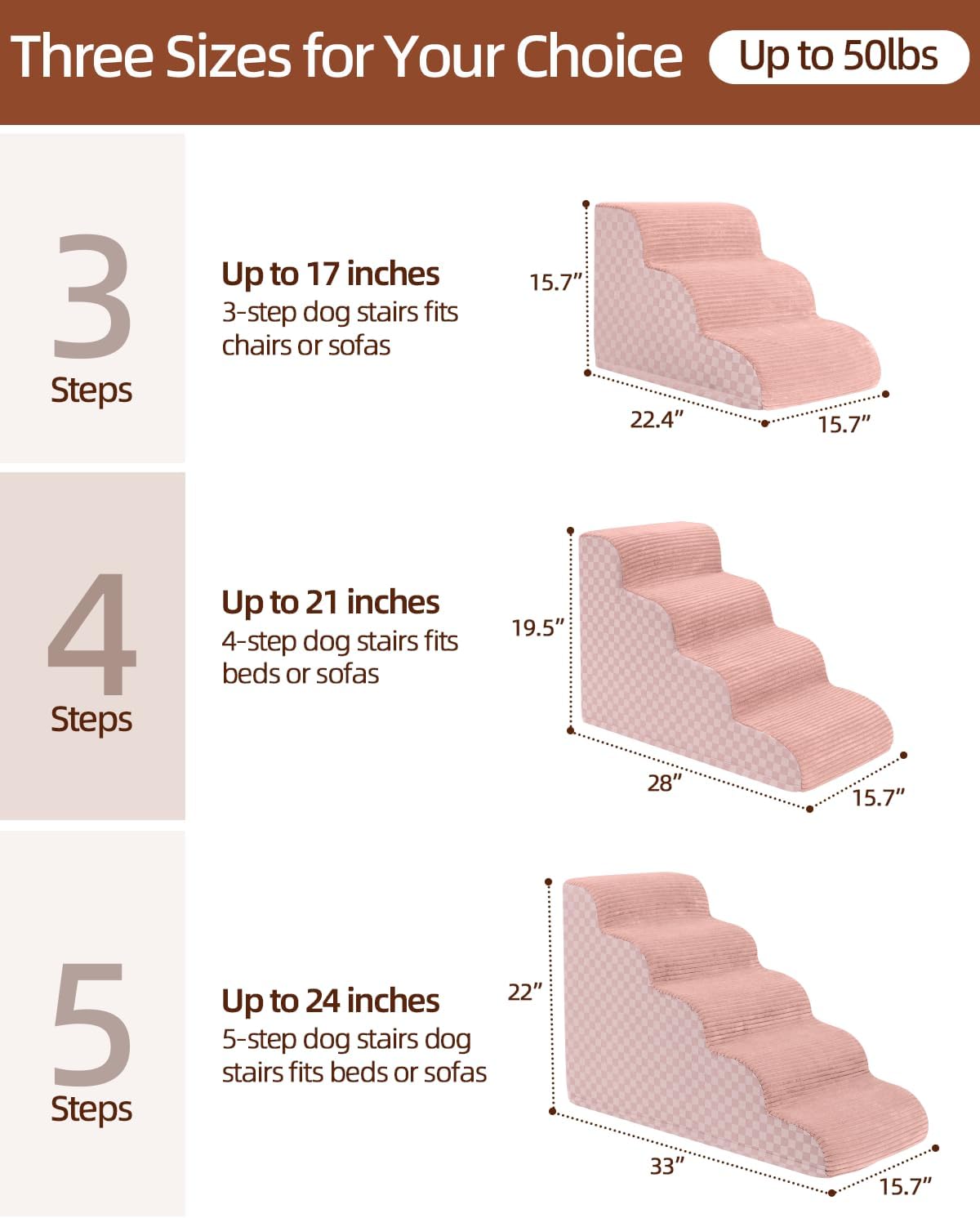 Dog Curved Stairs for High Beds 22" H, 5-Step Pet Stairs for Small Dogs with High Density Foam, Dog Slope Stairs with Durable Non-Slip Bottom Pink