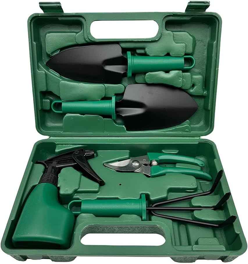 Garden Tool Set Floral Print Stainless Steel Heavy Duty Gardening Tools, Trowel Rake Weeder Pruner Shears Sprayer Gloves&Carrying Case, Ideal Gardening Gifts for Women Father(Purple 5-Piece Set)