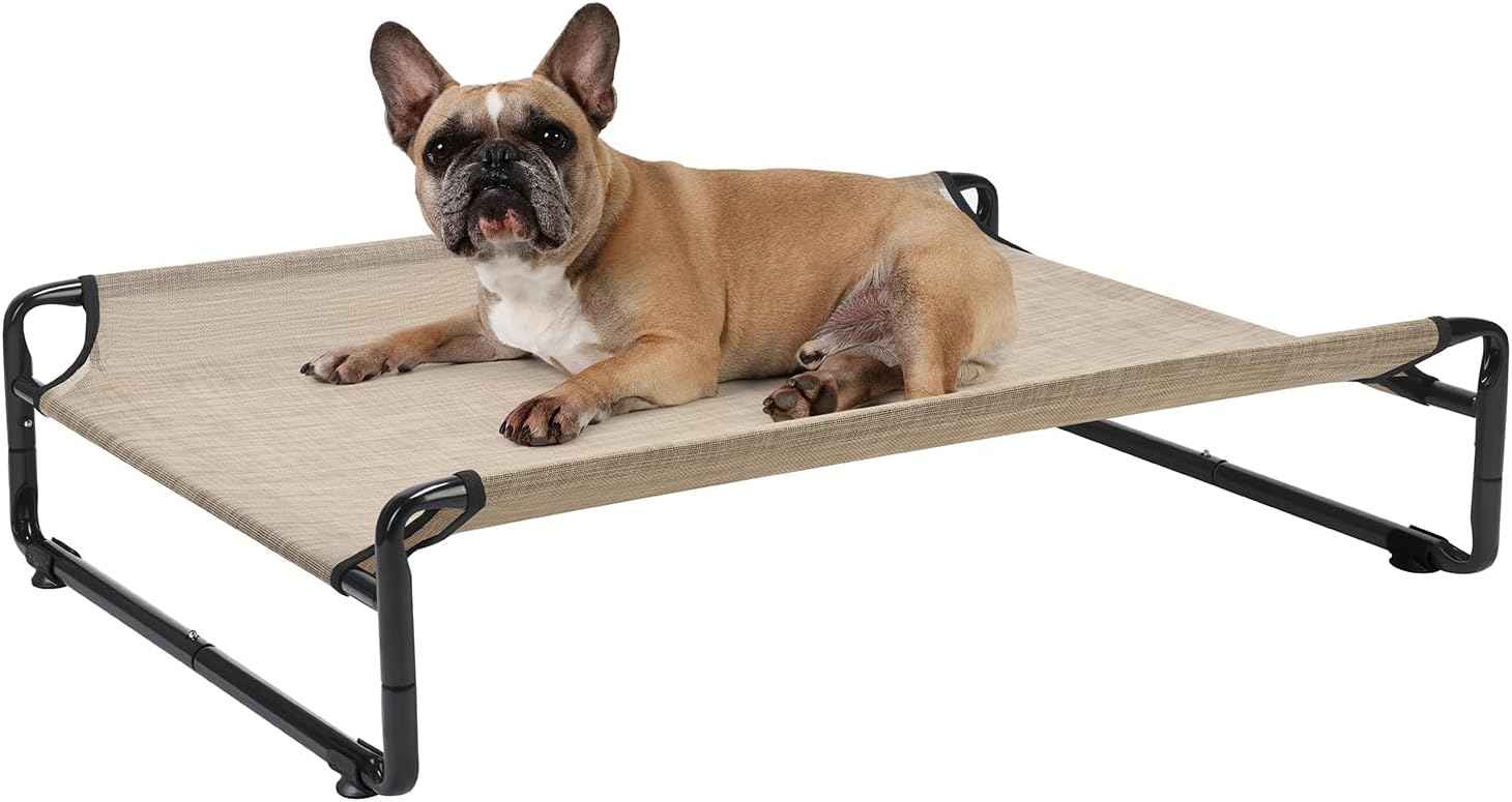 Veehoo 35" Medium Raised Dog Bed, Washable Dog Cot with Headrest Sides, Outdoor Elevated Dog Bed with Non-Skid Feet, Breathable Mesh, Portable Pet Hammock for Indoor or Camping, Beige