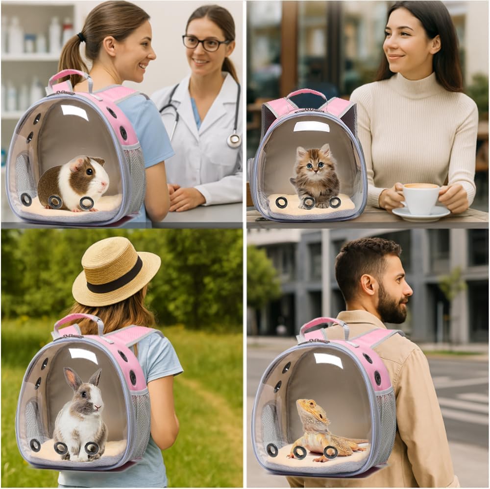 Bunny Carrier, Guinea Pig Carrier,Small Animal Carrier Backpack for Rabbit,Bearded Dragon, Lizard,Hamster,Kitten. Breathable Pet Travel Cage Bag (Pink)