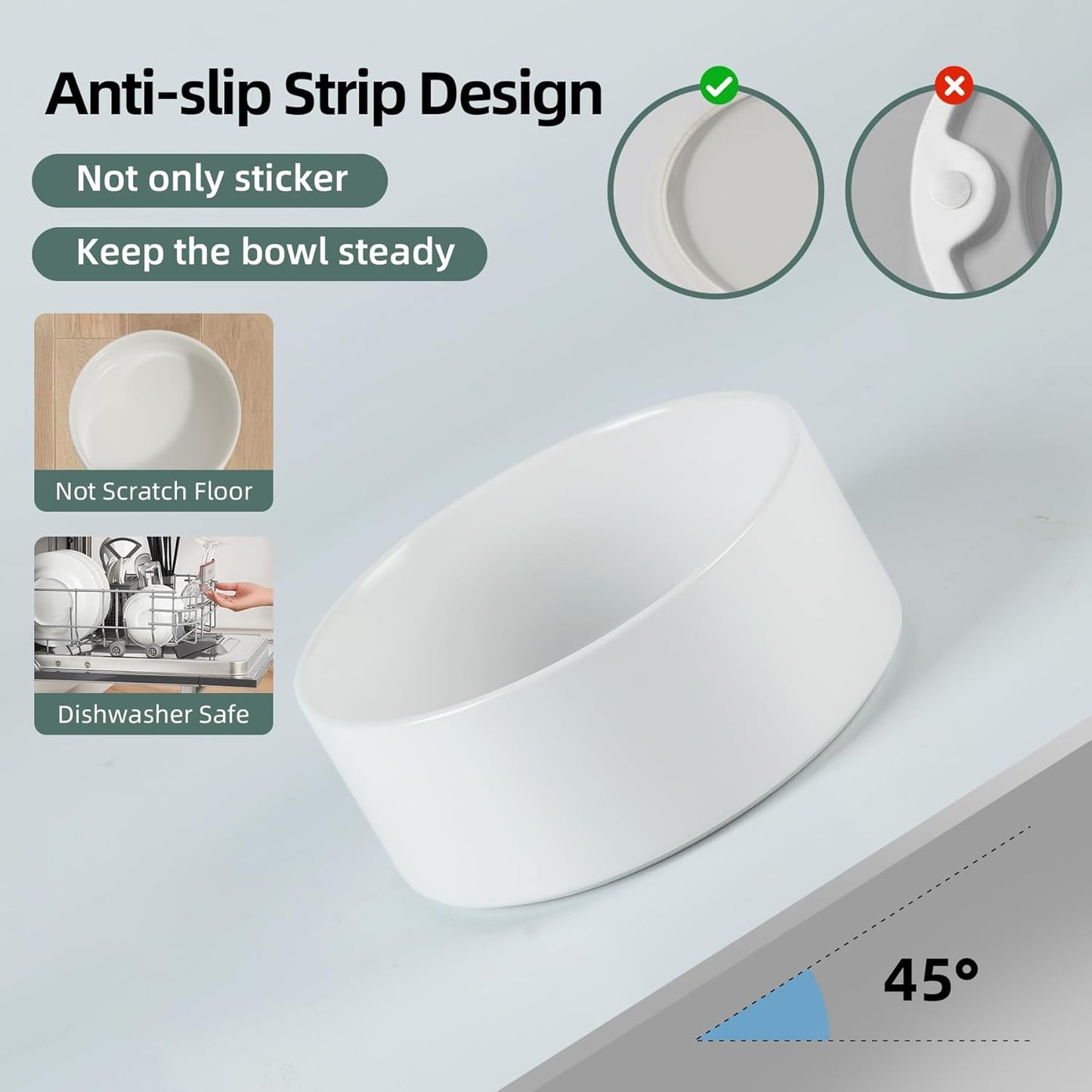 Ceramic Dog Bowl, Food and Water Bowl for Medium Breed Dog, Pet Bowl for Replacement (7.3 inch, Single Bowl, White)